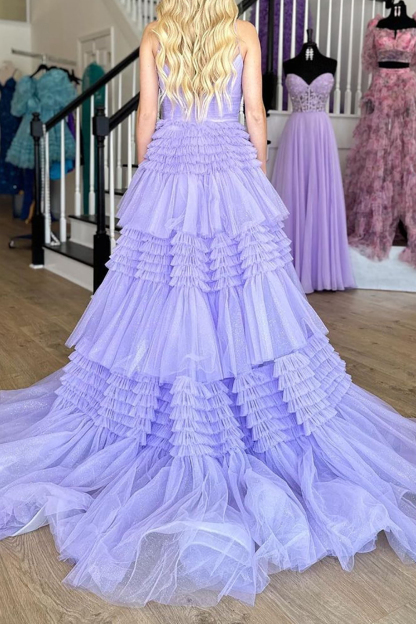 Elegant Lavender Long Prom Dress with Spaghetti Straps and A-Line Ruffles