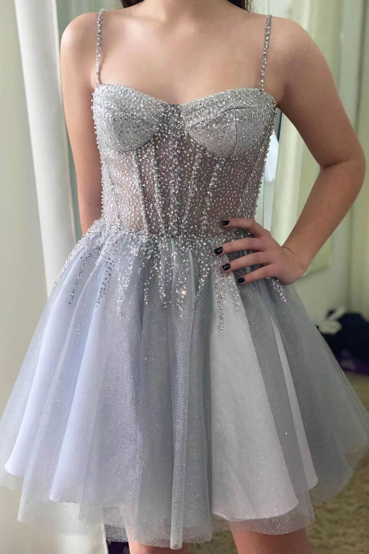 Silver Gray Tulle Short Prom Dress Sleeveless cocktail Dress With Sequins
