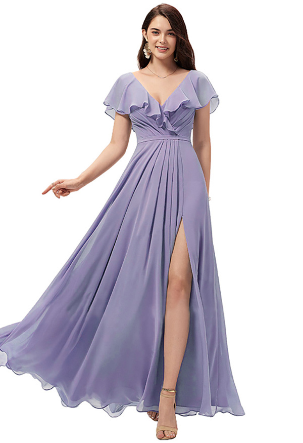 Chiffon Ruffles Bridesmaid Dress with Split