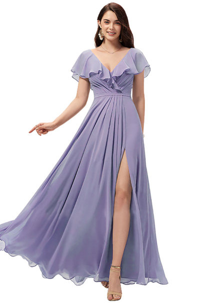 Chiffon Ruffles Bridesmaid Dress with Split