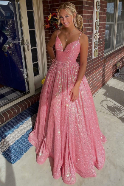 Shining Sequins V-Neck Spaghetti Strap Sleeveless Long A Line Formal Dress