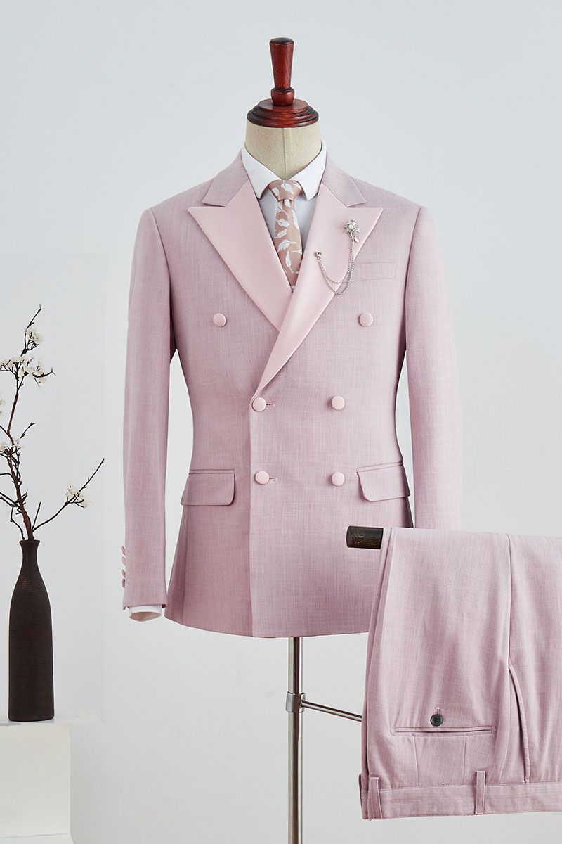 Simple Pink Double-Breasted Marriage Suit with Plaid Peaked Lapel