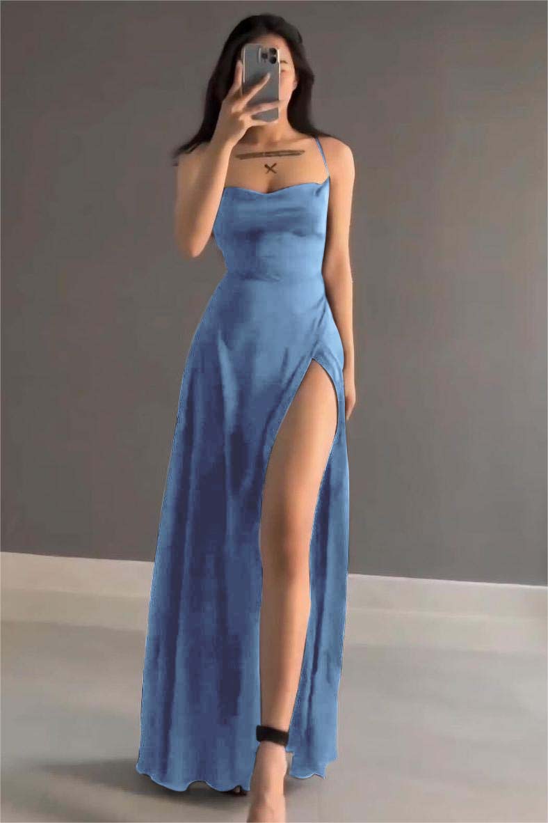 Simple Black Stain Spaghetti Strap Sleeveless Long Formal Dress With Split