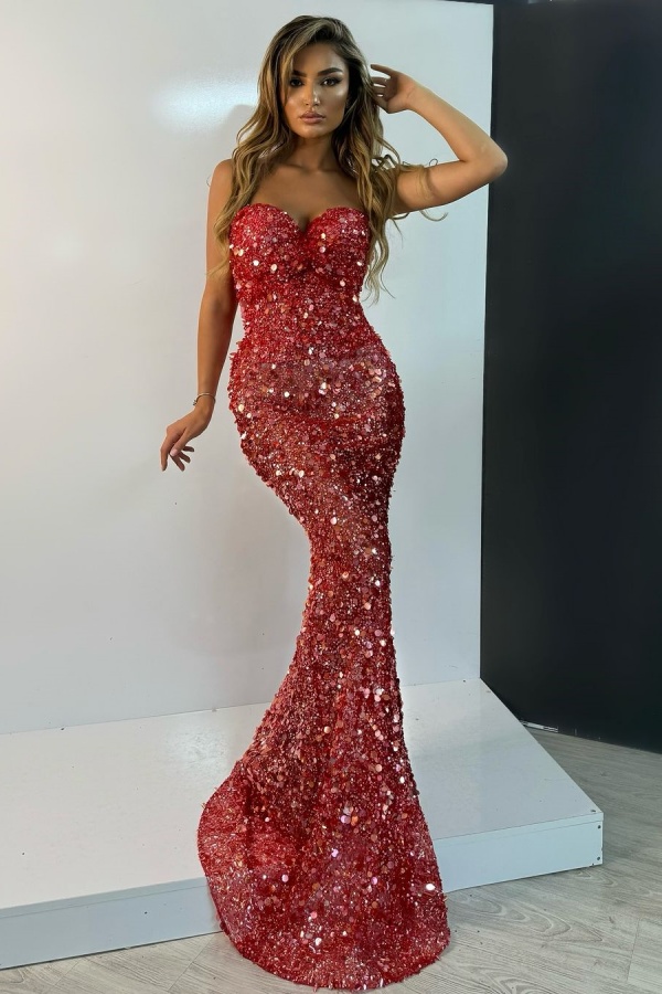 Charming Red Big Sequins Strapless Mermaid Prom Dress