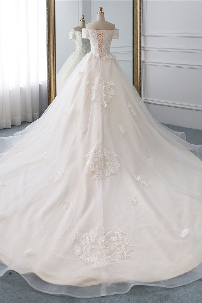 Gorgeous Off-the-Shoulder Tulle Princess Long Wedding Dress with Appliques Lace