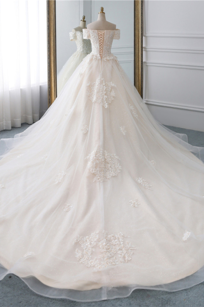 Gorgeous Off-the-Shoulder Tulle Princess Long Wedding Dress with Appliques Lace
