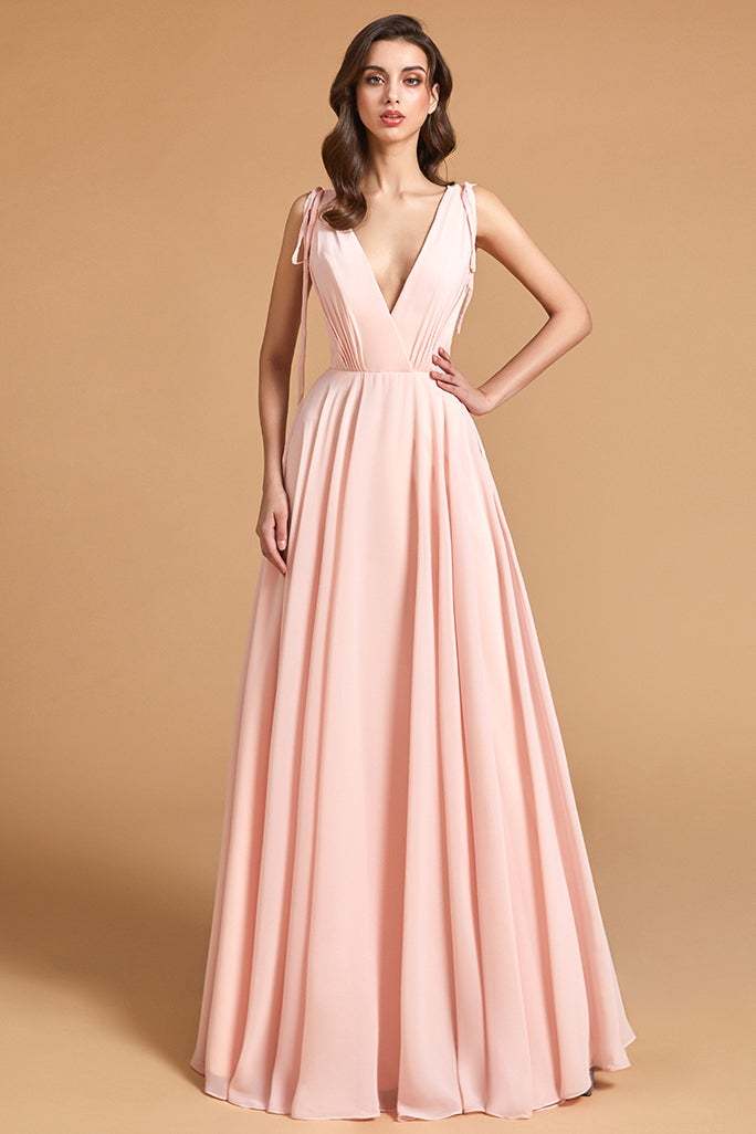 Pink Backless V-Neck Bridesmaid Dress