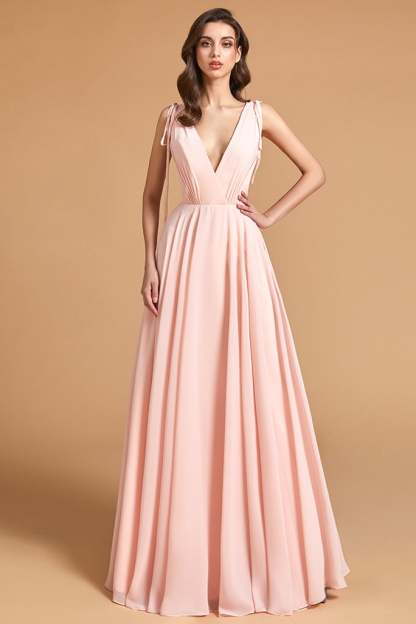 Pink Backless V-Neck Bridesmaid Dress