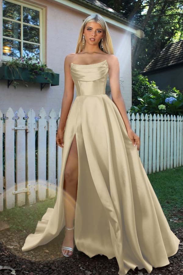 Strapless Sleeveless A Line Long Formal Dress With Split Pleated