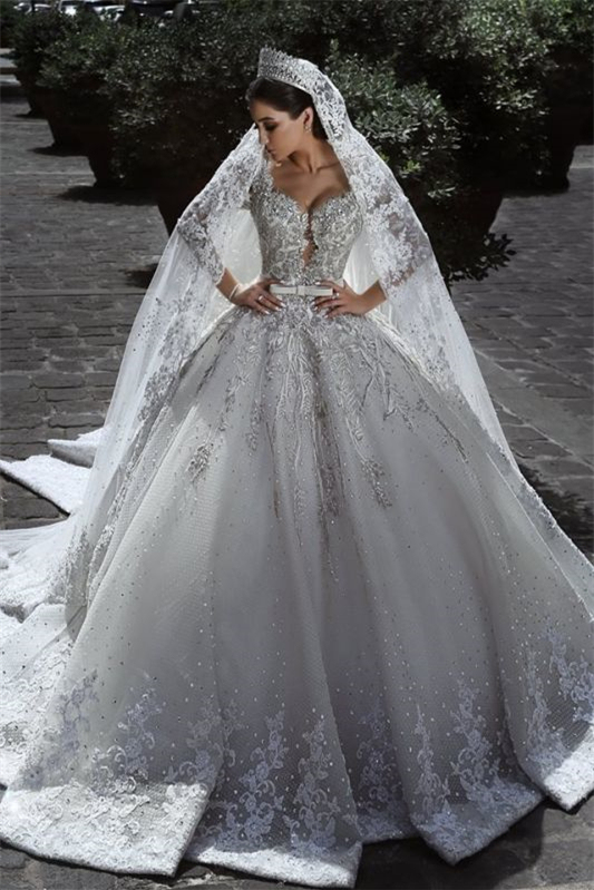 Long Sleeves Beads Ball Gown Wedding Dress with Lace Appliques