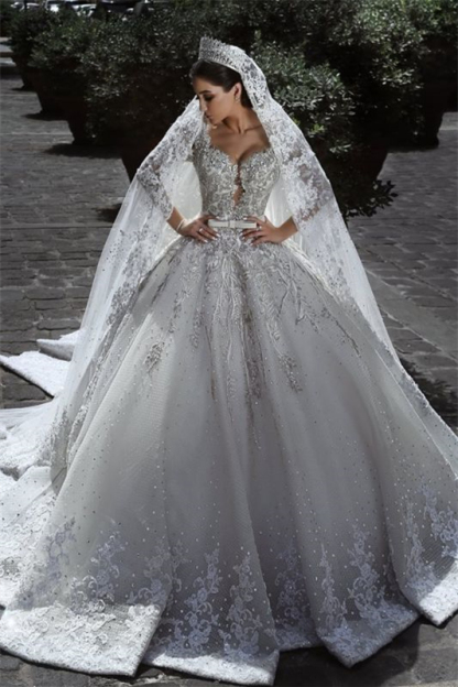 Long Sleeves Beads Ball Gown Wedding Dress with Lace Appliques