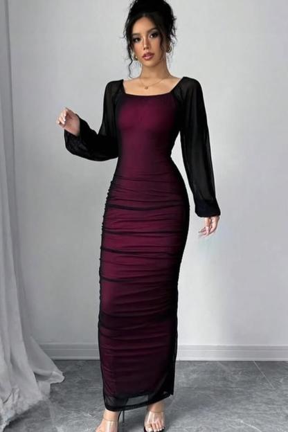 Square Neck Long Sleeves Long Mermaid Formal Dress With Pleated
