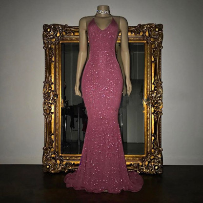 V-Neck Mermaid Elegant Halter Evening Dress With Sequins