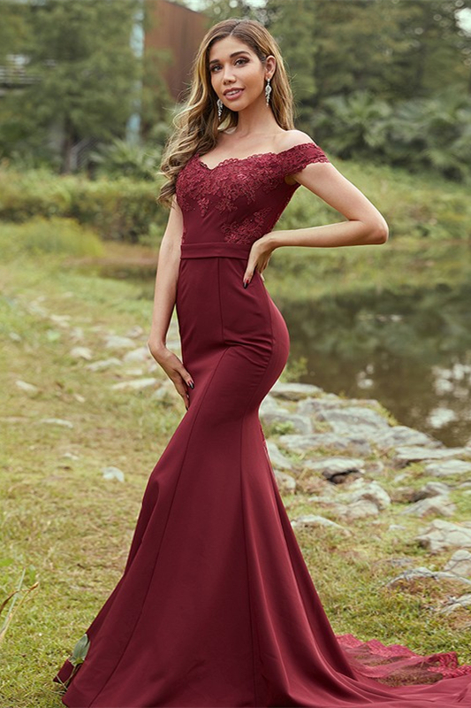 Burgundy Off-the-Shoulder Lace Bridesmaid Dress