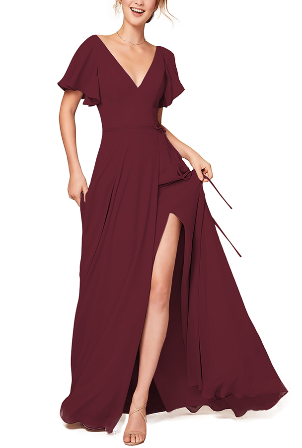 Chiffon Short Sleeves Bridesmaid Dress with Slit