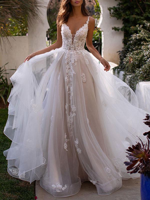 V-Neck Sleeveless Tulle Lace Wedding Dress