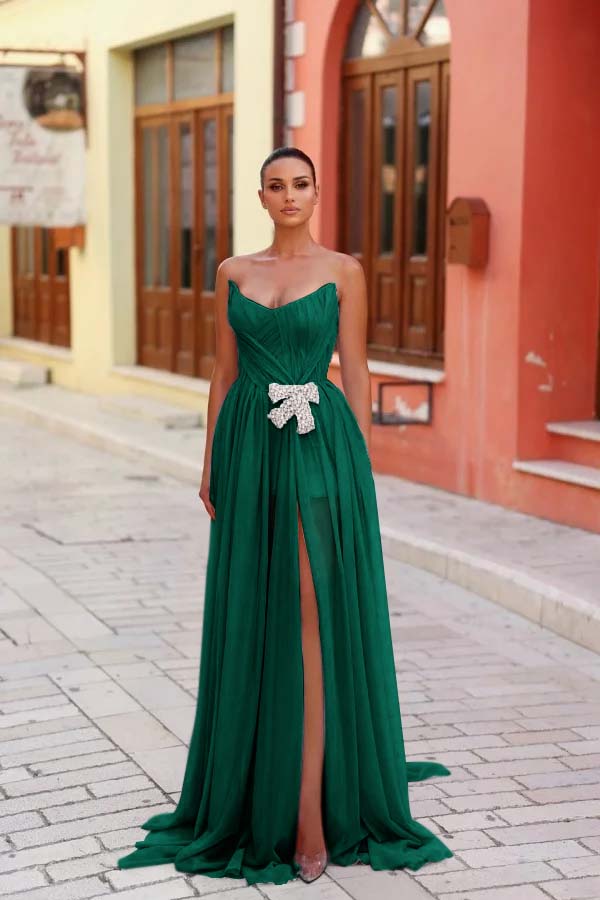 Strapless Sleeveless Long Split Formal Dress With Pleated Beading