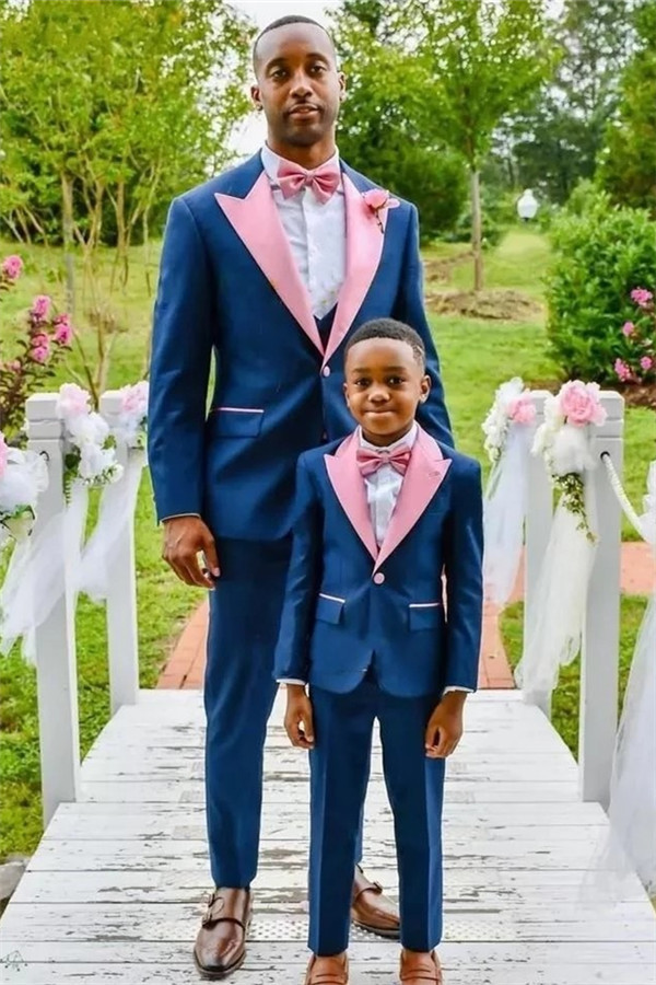 Unique Dark Blue Wedding Groom Suit with One-Button Pink Lapel