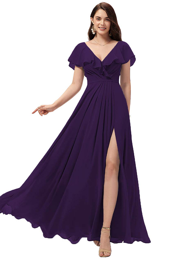 Chiffon Ruffles Bridesmaid Dress with Split