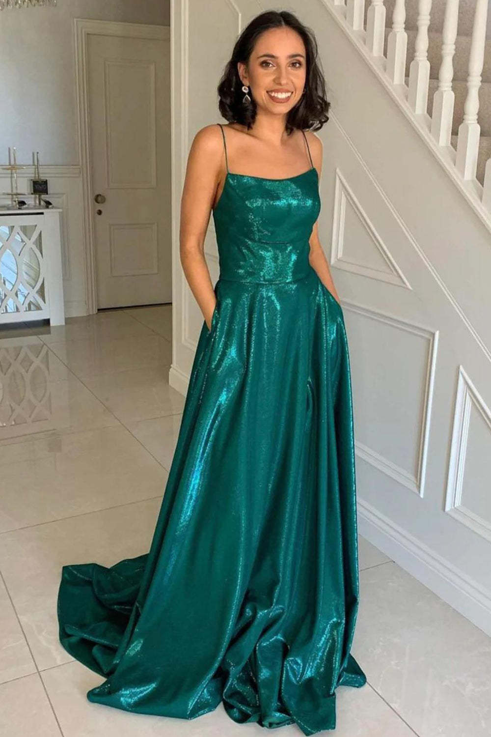 Dark Green Long A-Line Prom Dress with Criss Cross Back and Spaghetti Straps