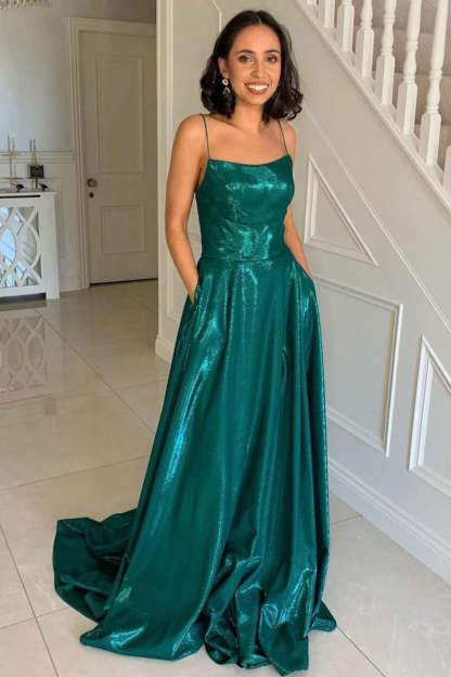 Dark Green Long A-Line Prom Dress with Criss Cross Back and Spaghetti Straps