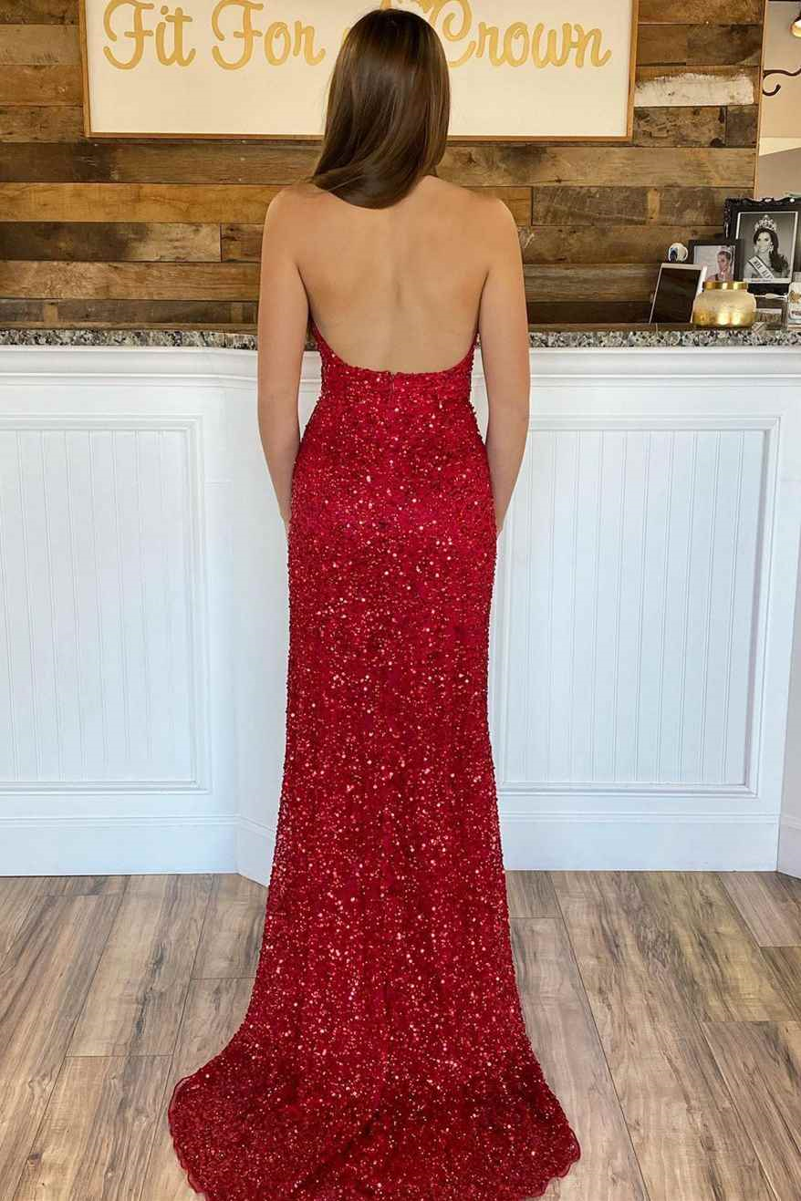Glittery Halter Deep V-Neck Red Backless Sequined Mermaid Prom Dress with a Slit