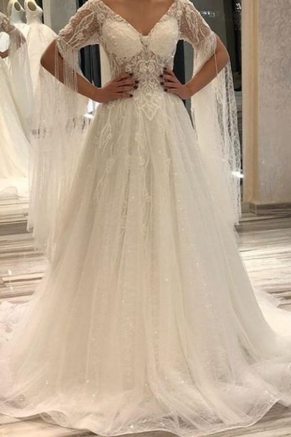 Gorgeous Short Sleeves Backless Floor-Length A-Line Deep V-Neck Wedding Dress with Appliques Lace Pearl