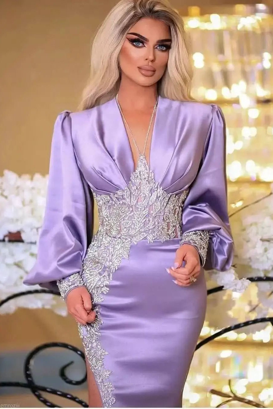 Lilac Long Sleeves Mermaid V-Neck Prom Dress With Appliques Split