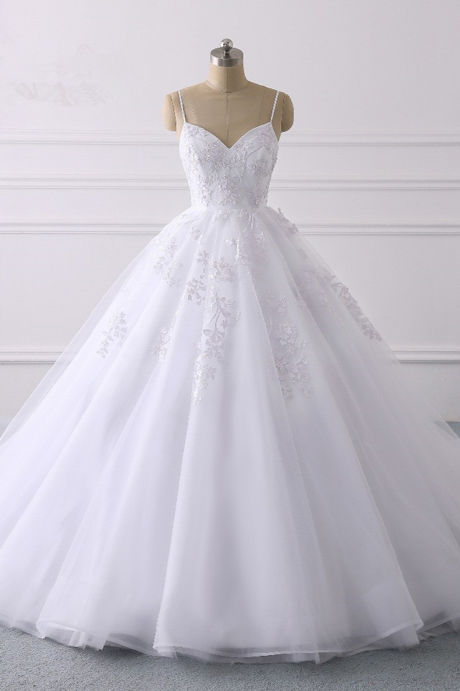 Vintage Spaghetti-Straps Tulle V-Neck Wedding Dress with Appliques Lace