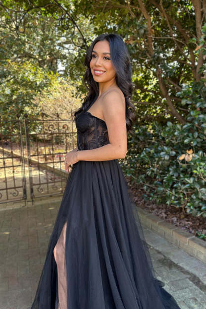 Black Sweetheart A-Line Prom Corset Dress with Front Split