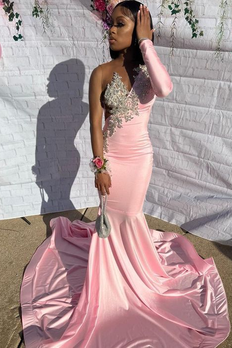 Beautiful Long Sleeve Pink Appliques Beads Mermaid Prom Dress Long