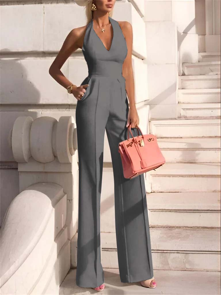 White Slim Fit Halter V-Neck Jumpsuit High-Waist Daily Women's Jump Suit