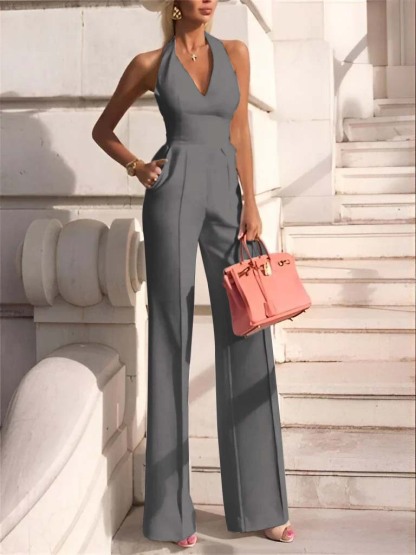 White Slim Fit Halter V-Neck Jumpsuit High-Waist Daily Women's Jump Suit