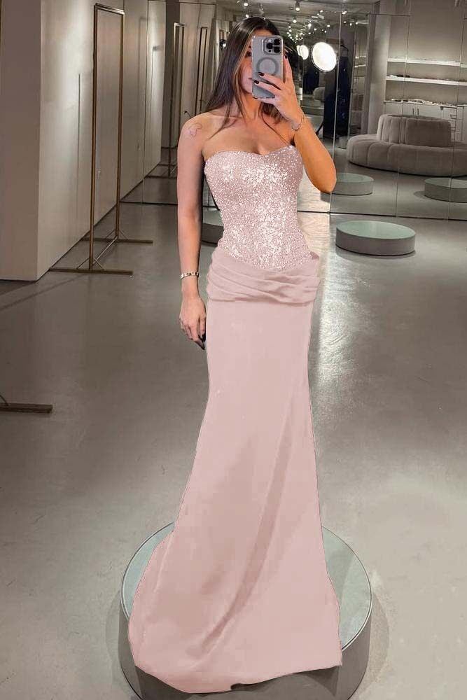 Strapless Sleeveless Long Mermaid Formal Dress With Pleated Sequins