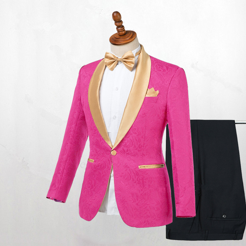 Gentle Pink Tuxedo One-Button Wedding Suit with Jacquard for Men
