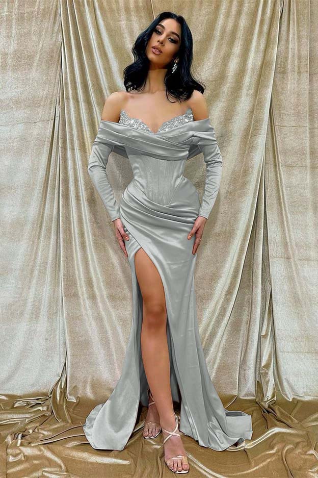 Off the Shoulder Long Sleeves Long Split Formal Dress With Beading