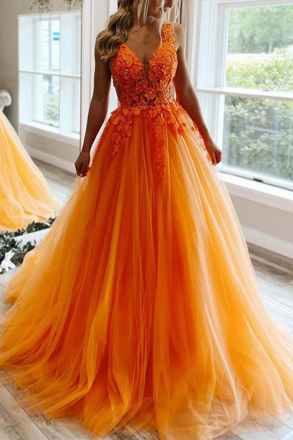 Orange V-Neck A-Line Prom Dress Featuring Appliques