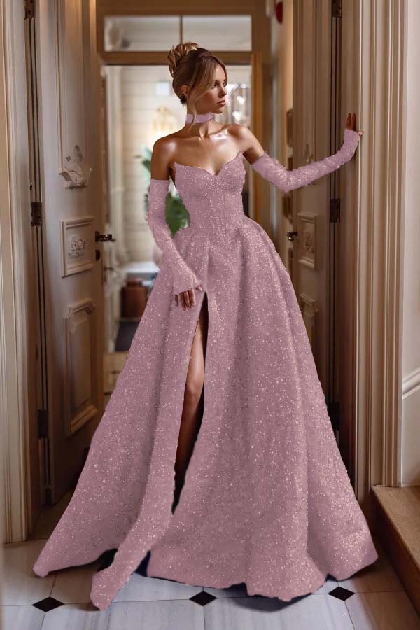 Strapless Sleeveless Long Split Formal Dress With Sequins Detachable sleeves
