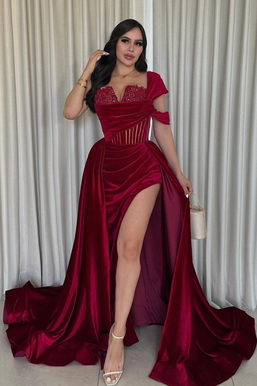 One Shoulder Sleeveless Long Mermaid Formal Dress With Split Pleated