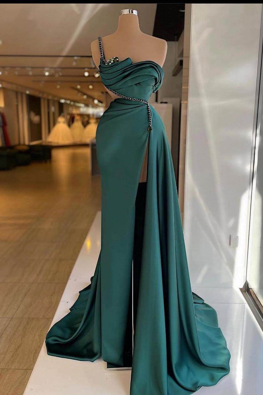 One Shoulder Sleeveless Mermaid Split Long Formal Dress With Beading