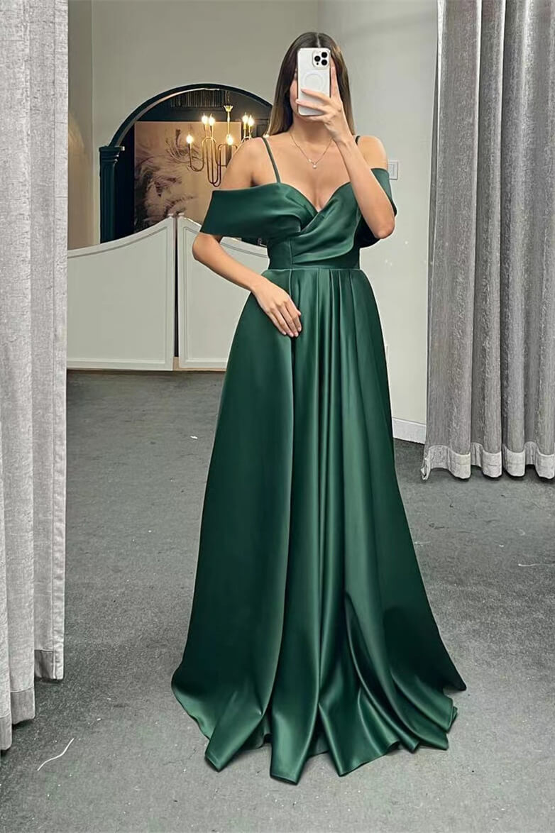 Off-The-Shoulder Spaghetti-Straps A-Line Lace-Up Back Long Evening Dress