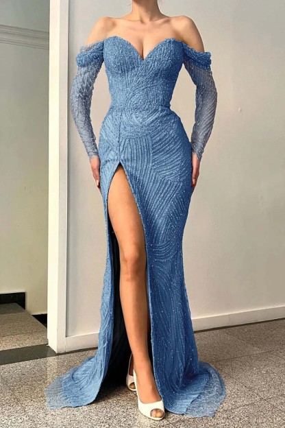Blue Long Sleeves Off-The-Shoulder Sequins Evening Dress Sweetheart With Split Mermaid
