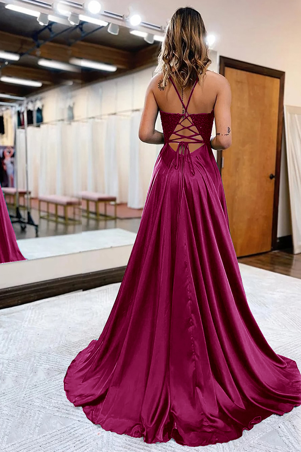 Prom Dress in Dark Green Satin with A-Line Silhouette and Appliques Featuring a Slit