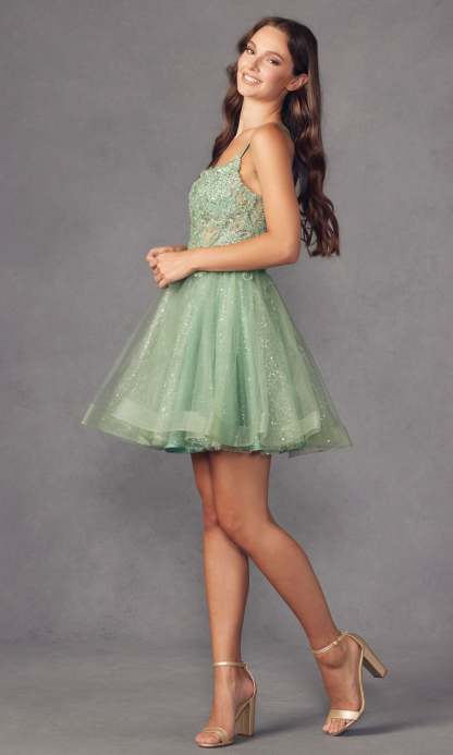 Attractive Champagne Spaghetti Strap Applique Knee Length Formal Dress