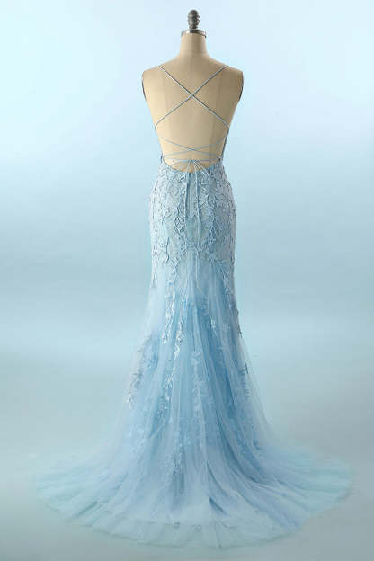 Backless Evening Gown in Long Mermaid Blue Prom Dress