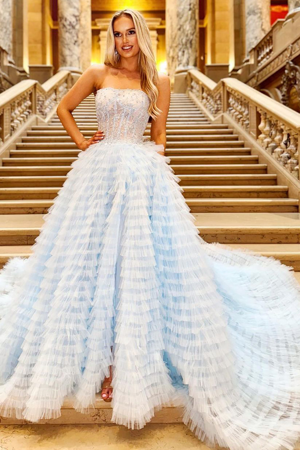 Light Blue Strapless A-Line Prom Dress with Ruffles and Long Hem