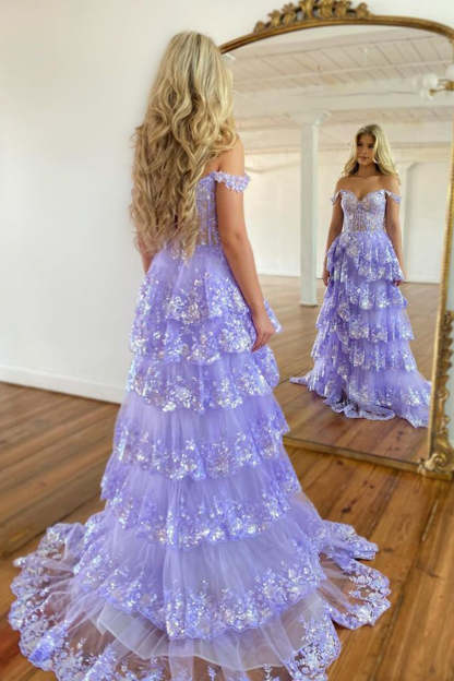 Ocean Blue Off-the-Shoulder Princess A-Line Corset Prom Dress with Lace Ruffles