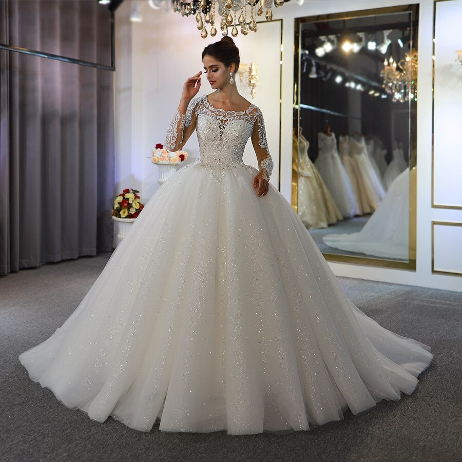 Beautiful Bateau Long Sleeves Floor-Length A-Line Wedding Dress with Appliques Lace Sequins
