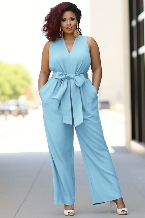 Pool Blue V-Neck Sleeveless Jump Suit With Bow Belt