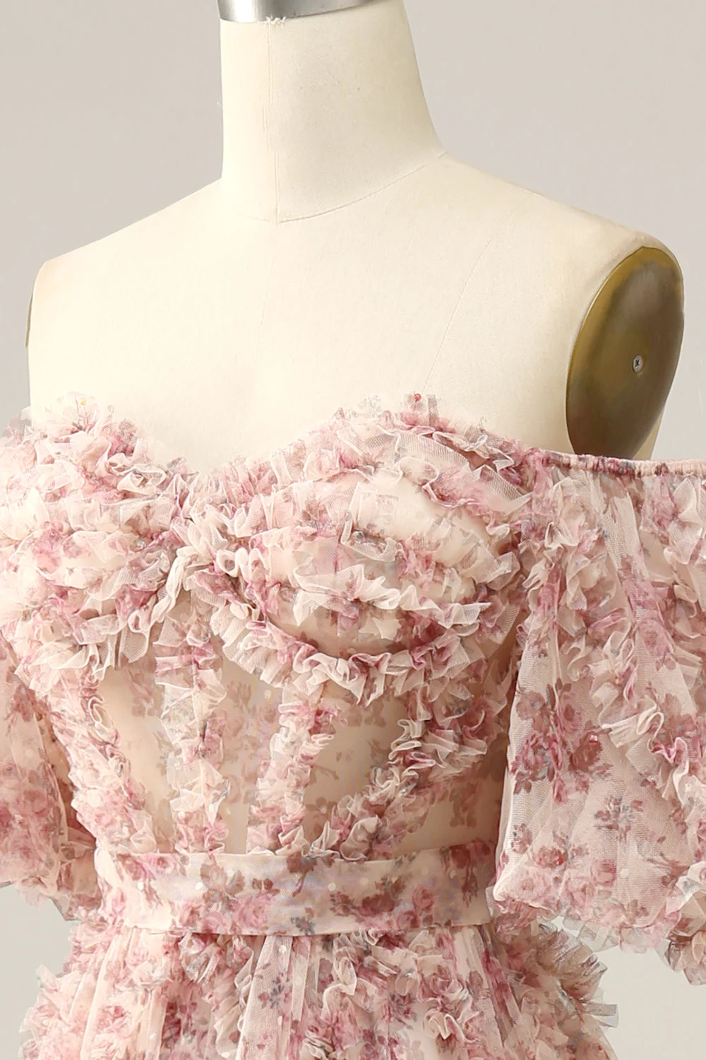 Elegant Pink Floral Printed Off-the-Shoulder Corset Prom Dress with Sweep Train